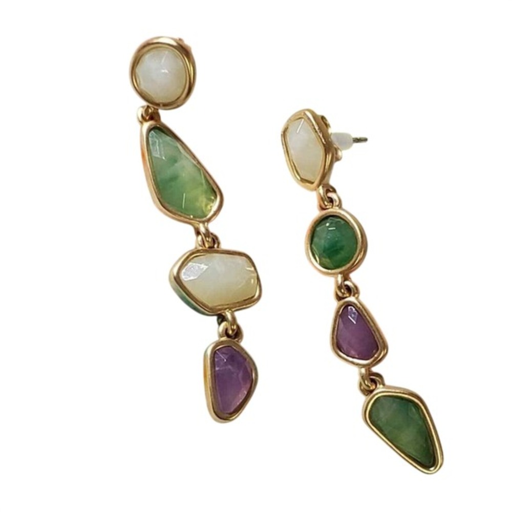 Lucky Brand Gold Multi Color Stone Linear Drop Earrings Green Purple White Boho